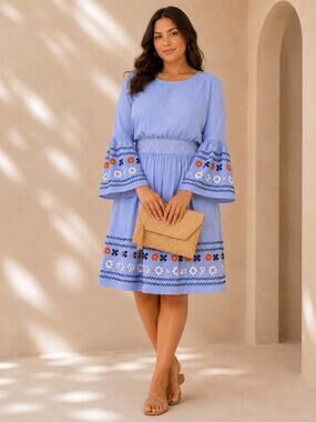 ELOQUII 16 Blue Striped Embroidered Bell Sleeve Dress Smocked Waist Cotton